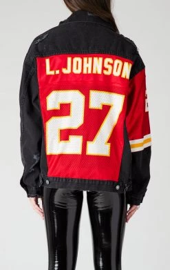 FURST OF A KIND VINTAGE JERSEY SLEEVE AND BACK INSERT DENIM JACKET SALE