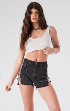 FURST OF A KIND VINTAGE CRISS CROSS SIDE CHAIN BLACK DENIM SHORTS FESTIVAL 11 FURST OF A KIND VINTAGE CRISS CROSS SIDE CHAIN BLACK DENIM SHORTS FESTIVAL