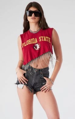 FURST OF A KIND ASYMMETRICAL RHINESTONE FRINGE SLEEVELESS CROP TEE VINTAGE RHINESTONE FRINGE