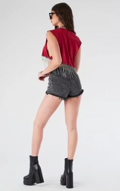 FURST OF A KIND ASYMMETRICAL RHINESTONE FRINGE SLEEVELESS CROP TEE VINTAGE RHINESTONE FRINGE