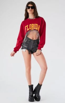 FURST OF A KIND VINTAGE CURVED HEM RHINESTONE FRINGE SWEATSHIRT