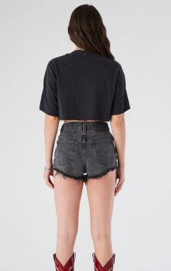 FURST OF A KIND VINTAGE DRINKS VINTAGE RHINESTONE FRINGE SLEEVE CROP TEE