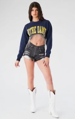 FURST OF A KIND VINTAGE CURVED HEM RHINESTONE FRINGE SWEATSHIRT