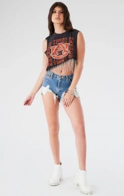 FURST OF A KIND VINTAGE RHINESTONE FRINGE ASYMMETRICAL RHINESTONE FRINGE SLEEVELESS CROP TEE