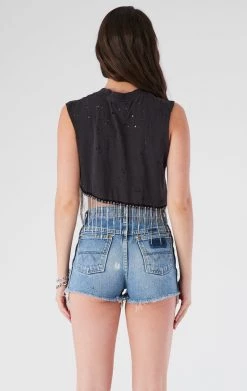 FURST OF A KIND VINTAGE RHINESTONE FRINGE ASYMMETRICAL RHINESTONE FRINGE SLEEVELESS CROP TEE