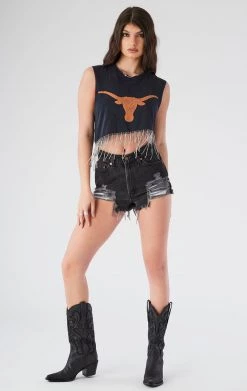 FURST OF A KIND ASYMMETRICAL RHINESTONE FRINGE SLEEVELESS CROP TEE VINTAGE RHINESTONE FRINGE