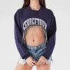 FURST OF A KIND VINTAGE CURVED HEM RHINESTONE FRINGE SWEATSHIRT
