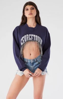 FURST OF A KIND VINTAGE CURVED HEM RHINESTONE FRINGE SWEATSHIRT