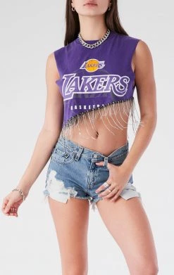 FURST OF A KIND ASYMMETRICAL RHINESTONE FRINGE SLEEVELESS CROP TEE VINTAGE RHINESTONE FRINGE