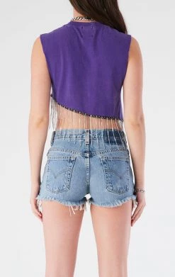 FURST OF A KIND ASYMMETRICAL RHINESTONE FRINGE SLEEVELESS CROP TEE VINTAGE RHINESTONE FRINGE