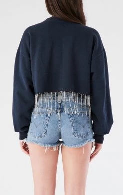 FURST OF A KIND VINTAGE CURVED HEM RHINESTONE FRINGE SWEATSHIRT
