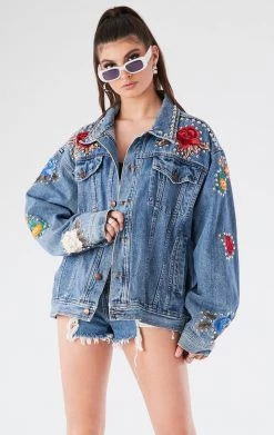 FURST OF A KIND VINTAGE FLORAL APPLIQUE STUDDED DENIM JACKET