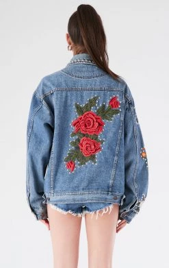 FURST OF A KIND VINTAGE FLORAL APPLIQUE STUDDED DENIM JACKET