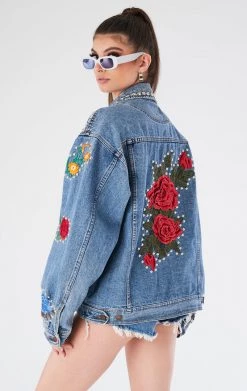 FURST OF A KIND VINTAGE FLORAL APPLIQUE STUDDED DENIM JACKET