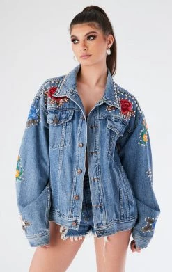 FURST OF A KIND VINTAGE FLORAL APPLIQUE STUDDED DENIM JACKET