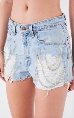 FURST OF A KIND FESTIVAL VINTAGE CHAIN AND PIN DRAPE DENIM SHORTS