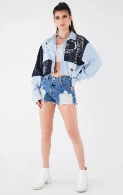 FURST OF A KIND VINTAGE COLLEGE VINTAGE PATCHWORK CROPPED CHAMBRAY