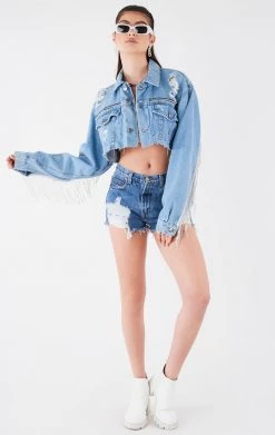 FURST OF A KIND VINTAGE RHINESTONE FRINGE DENIM JACKET FESTIVAL