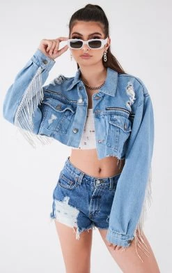 FURST OF A KIND VINTAGE RHINESTONE FRINGE DENIM JACKET FESTIVAL