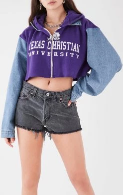 FURST OF A KIND VINTAGE DENIM JACKETS VINTAGE SPLICED DENIM JACKET ZIP UP HOODIE