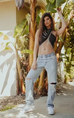 FURST OF A KIND FESTIVAL VINTAGE RHINESTONE FRINGE HALTER WRAP TOP