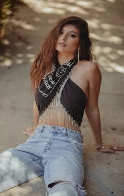 FURST OF A KIND FESTIVAL VINTAGE RHINESTONE FRINGE HALTER WRAP TOP