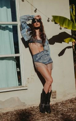 FURST OF A KIND VINTAGE RHINESTONE FRINGE POCKET & BACK DENIM JACKET FESTIVAL