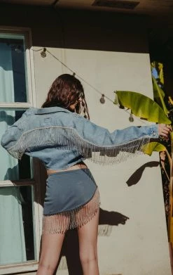 FURST OF A KIND VINTAGE RHINESTONE FRINGE POCKET & BACK DENIM JACKET FESTIVAL