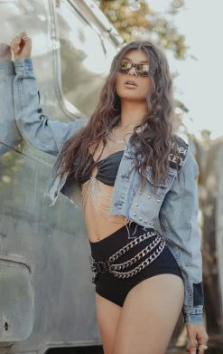 FURST OF A KIND FESTIVAL VINTAGE PATCHWORK STUDDED CROPPED DENIM JACKET