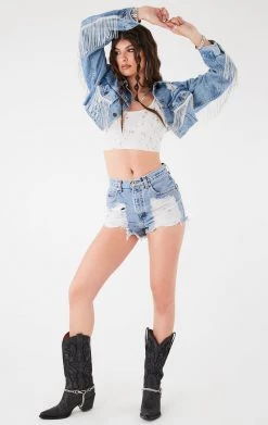 FURST OF A KIND VINTAGE RHINESTONE FRINGE POCKET & BACK DENIM JACKET FESTIVAL