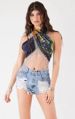 FURST OF A KIND VINTAGE RHINESTONE FRINGE HALTER WRAP TOP