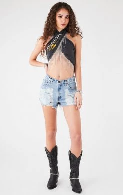 FURST OF A KIND VINTAGE RHINESTONE FRINGE HALTER WRAP TOP