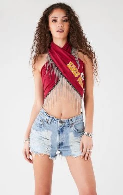 FURST OF A KIND VINTAGE RHINESTONE FRINGE HALTER WRAP TOP FESTIVAL