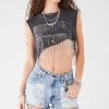 FURST OF A KIND VINTAGE RHINESTONE FRINGE ASYMMETRICAL RHINESTONE FRINGE SLEEVELESS CROP TEE