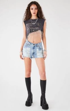 FURST OF A KIND VINTAGE RHINESTONE FRINGE ASYMMETRICAL RHINESTONE FRINGE SLEEVELESS CROP TEE