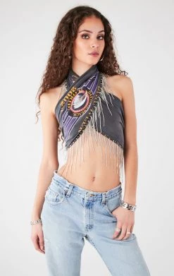 FURST OF A KIND VINTAGE RHINESTONE FRINGE HALTER WRAP TOP
