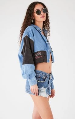 FURST OF A KIND FESTIVAL VINTAGE PATCHWORK CROPPED CHAMBRAY