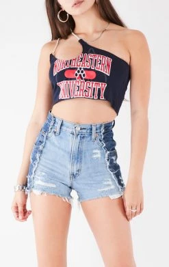 FURST OF A KIND VINTAGE CHAINS VINTAGE ONE SHOULDER DOUBLE RHINESTONE STRAP TANK