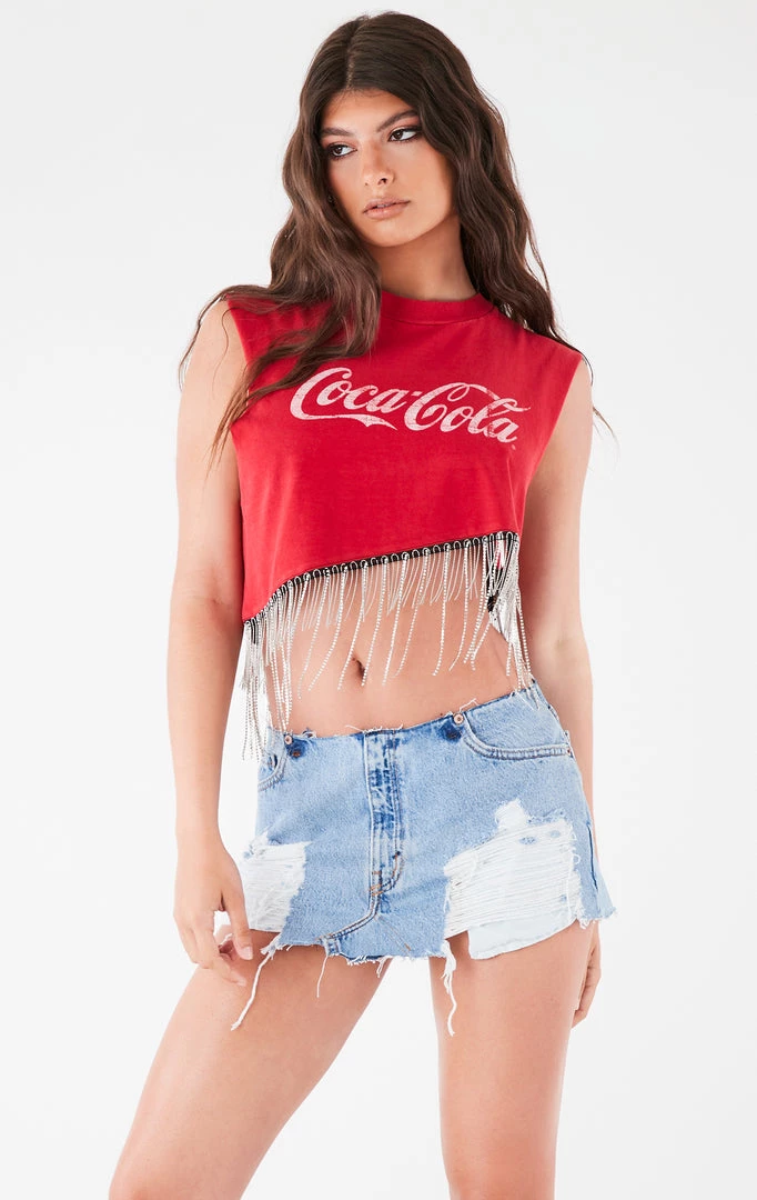 FURST OF A KIND ASYMMETRICAL RHINESTONE FRINGE SLEEVELESS CROP TEE VINTAGE DRINKS 4 FURST OF A KIND ASYMMETRICAL RHINESTONE FRINGE SLEEVELESS CROP TEE VINTAGE DRINKS