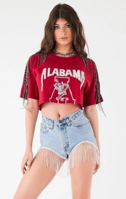 FURST OF A KIND VINTAGE RHINESTONE FRINGE SLEEVE CROP TEE