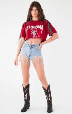 FURST OF A KIND VINTAGE RHINESTONE FRINGE SLEEVE CROP TEE