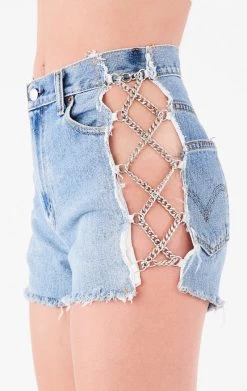FURST OF A KIND VINTAGE CRISS CROSS SIDE CHAIN DENIM SHORTS FESTIVAL