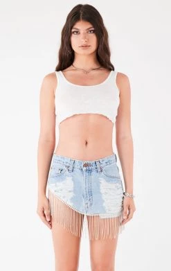 FURST OF A KIND FESTIVAL VINTAGE RHINESTONE FRINGE CURVED HEM DENIM SKIRT