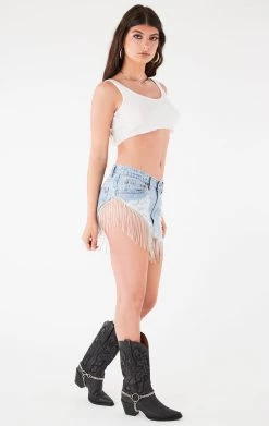 FURST OF A KIND FESTIVAL VINTAGE RHINESTONE FRINGE CURVED HEM DENIM SKIRT