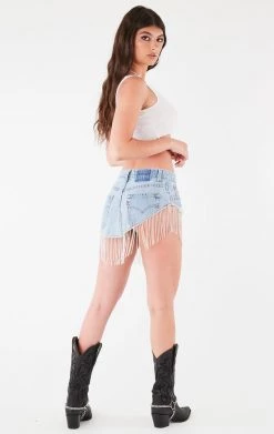 FURST OF A KIND FESTIVAL VINTAGE RHINESTONE FRINGE CURVED HEM DENIM SKIRT