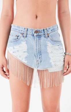 FURST OF A KIND FESTIVAL VINTAGE RHINESTONE FRINGE CURVED HEM DENIM SKIRT