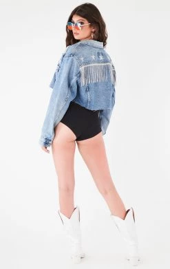 FURST OF A KIND VINTAGE RHINESTONE FRINGE STAR PATCH DENIM JACKET FESTIVAL