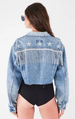FURST OF A KIND VINTAGE RHINESTONE FRINGE STAR PATCH DENIM JACKET FESTIVAL 7 FURST OF A KIND VINTAGE RHINESTONE FRINGE STAR PATCH DENIM JACKET FESTIVAL