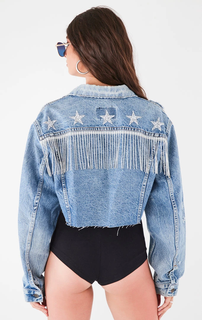 FURST OF A KIND VINTAGE RHINESTONE FRINGE STAR PATCH DENIM JACKET FESTIVAL 5 FURST OF A KIND VINTAGE RHINESTONE FRINGE STAR PATCH DENIM JACKET FESTIVAL