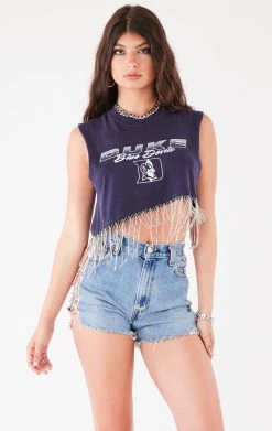 FURST OF A KIND VINTAGE RHINESTONE FRINGE ASYMMETRICAL RHINESTONE FRINGE SLEEVELESS CROP TEE